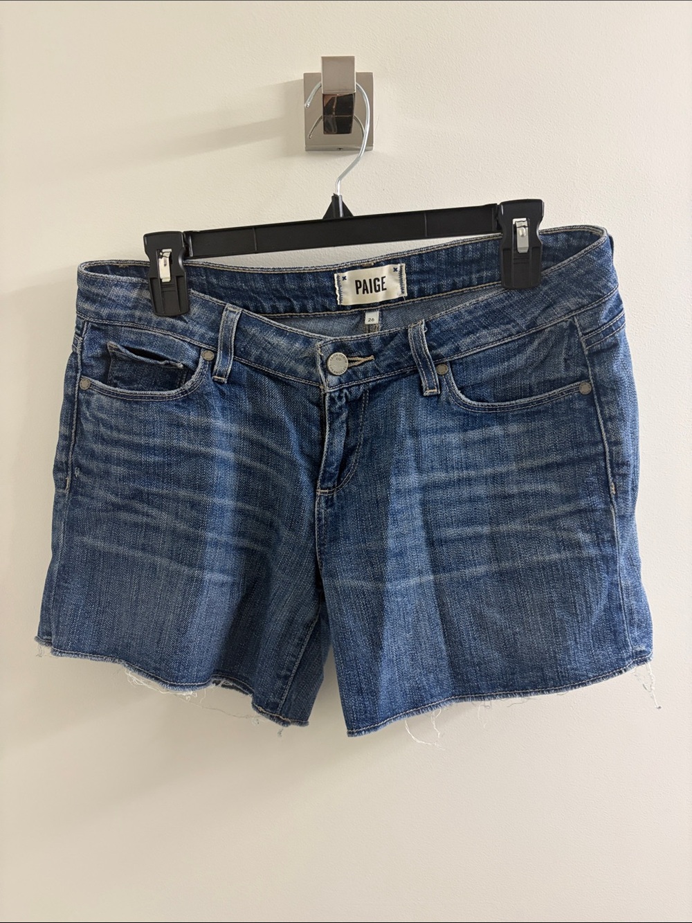 PAIGE Medium Wash Blue Distressed Denim Cutoff Shorts